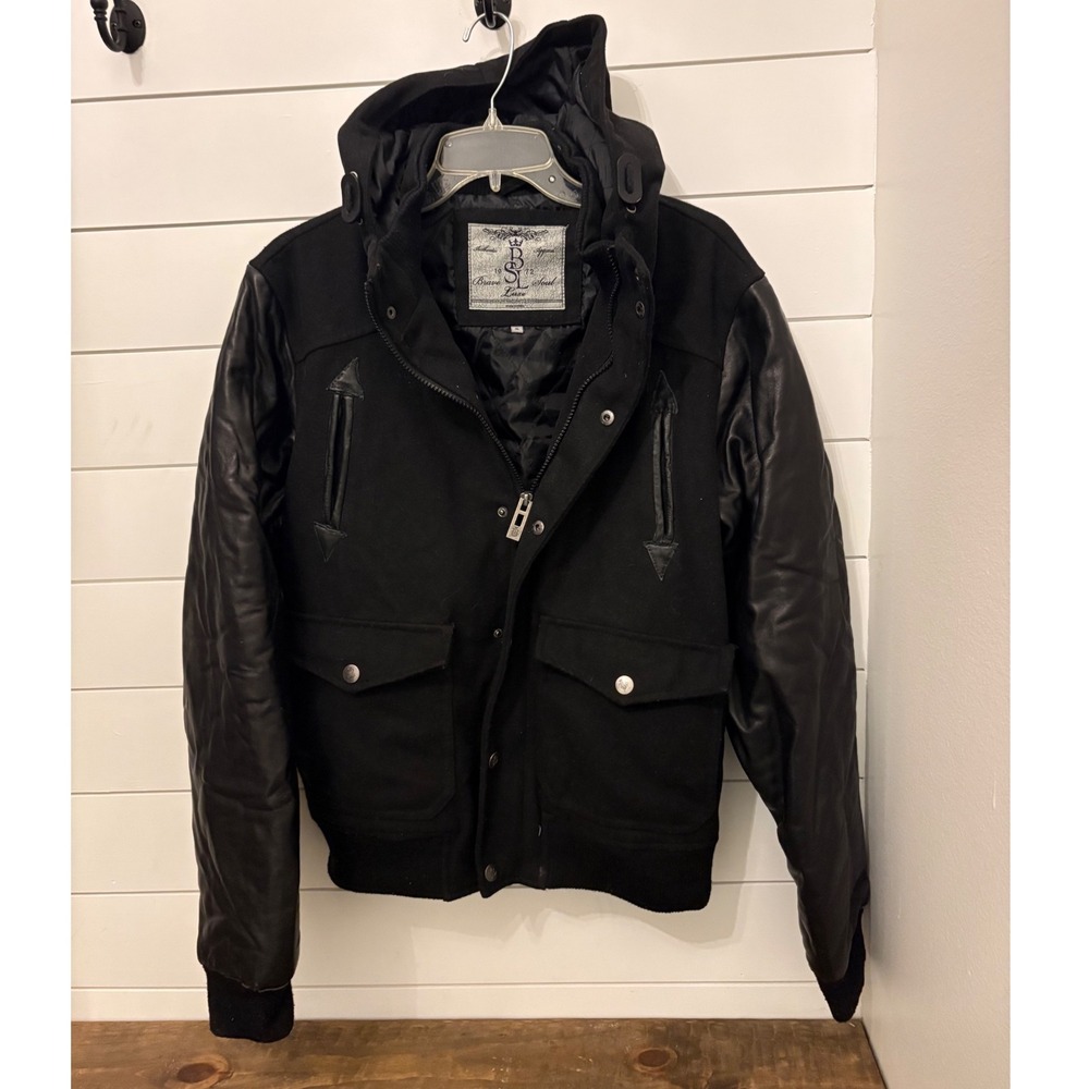 Mens Brave Soul Luxe Black Wool Blend Hooded Bomber‎ Jacket Small